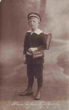 RPPC Young Boy Ready for School Book Bag Satchel Real Photo Studio Postcard picture