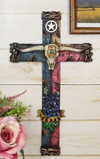 Rustic Texas State Colors Bluebonnet Longhorn Skull And Western Star Wall Cross picture