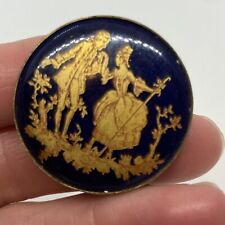 Large Czech Glass Button Victorian Couple Navy Blue Gold Set In Metal 1 1/4” picture