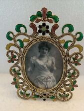 Ornate Jeweled Rococo  Green Enamel Photo Frame Floral Swag Miniature 3x2.1/4” picture