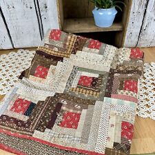 Antique Victorian Quilt Madder Browns 78” X 78” Log Cabin Barn Raising Thin picture