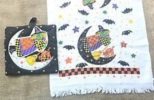 Vintage 1980s Cannon Halloween With Hand Towel & Potholder Moon, Cat, Broom picture