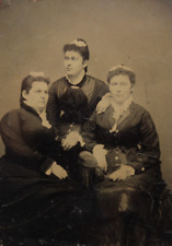 c1880s Tintype 3 Beautiful Women W Victorian Dress Brooch Hair Bows Seated D4370 picture