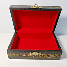 Hand Painted Trinket Box Black & Gold, Red Felt Lined, Latch Close 6 X 3.5 in picture