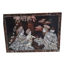 Vintage Religious Jesus Mary & Joseph Mother of Pearl Inlay Wood Wall Art Vtg  picture