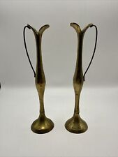 Set Of 2 Vtg: Solid Brass Tea Ewer: Slim Pitcher Bud Vase: 7” : Made In India picture