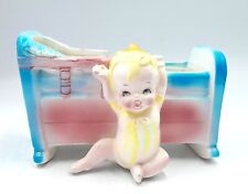 Vintage 1950's Ucagco Japan Rare Handpainted Baby Girl Boy Crib Ceramic Planter picture