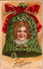 c1910 Christmas postcard Pretty little girl bell holly a1 picture