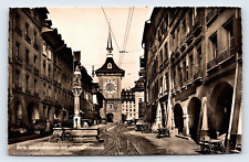 RPPC Bern Switzerland Clock Tower & Bear Of Bern Street View VINTAGE Postcard picture