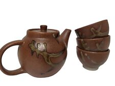 Vintage Asian Chinese Japanese Handpainted Clay Pottery SAKE TEAPOT & 3 CUPS  picture