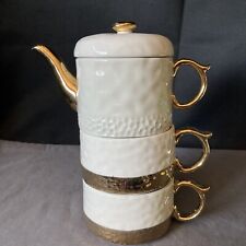 Anthropologie Tea For Two Set White and Gold Ceramic 3 piece set Stackable picture