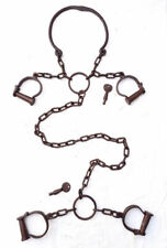 Vintage Old Antique Iron Handcrafted Neck , Leg & Hand Rare Handcuffs Lock & Key picture