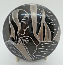 Rare Art Deco Hand Engraved Round Black Celluloid Powder Box. Mint condition picture