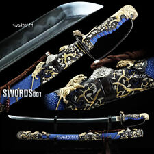 OPULENT STYLE Chinese Lion Saber Clay Tempered Folded Steel Blue Rayskin Sword picture