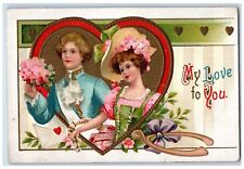 1914 Valentine Couple Big Heart Pansies Flowers Wishbone Aurora IL Postcard picture