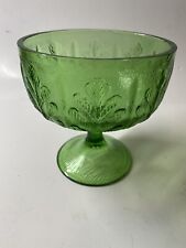 Vintage 1978 FTD Green Glass Oak Leaf Footed Pedestal Stem Round Bowl Vase Dish picture