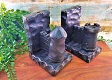 Vintage Wooden Bookends Medieval Military Castle Towers Brown Black Metal Spain picture