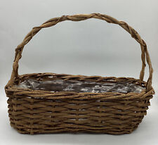 Vintage Primative Wooden Hand Woven Lined 16” Wicker Basket picture