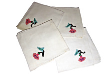 Vintage Handmade Napkins Linen Applique Pink Morning Glories Set of 4 Square 11
