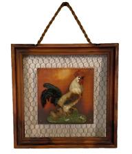 Vintage Wood Rooster Chicken Hanging Picture Art Farm Decor Chicken Wire 12”x12” picture