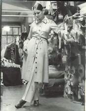1970 Press Photo Woman Models Coatdress & Pants by Designer Sharon Harris picture
