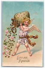 New Year Postcard Bonne Anne Angel With Sack Coins Horseshoe Flowers Embossed picture