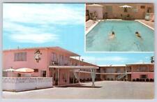 LAS CRUCES TRAVELODGE PINK MOTEL HOTEL  2 VIEWS SWIMMING POOL VINTAGE POSTCARD picture