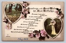 1915 Hand-Colored Real Rotary Photo PC Lady Parasol Hearts Flowers Antique Poem picture