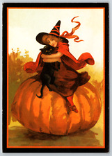 Continental Halloween Trick or Treating Witch Black Cat Vintage Postcard picture