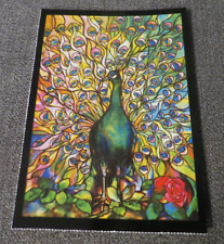 VTG Vintage Colorful Vibrant Tiffany Stained Glass Peacock Window Postcard NEW picture