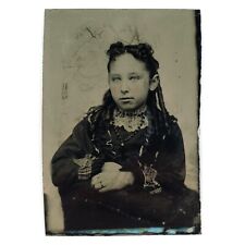 Gorgeous Young Girl Sitter Tintype c1870 Antique 1/6 Plate Child Photo A3439 picture