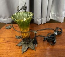 Tiffany Style Lamp  Light Tulip Fluted Green & Orange Glass W/ Brass Dragonfly picture
