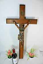 Antique  XL french wood carved cross metal copper christ religious  picture