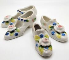 2 Vtg Pairs HERS & HIS MINIATURE SHOES Porcelain High Heels-Slippers Roses JAPAN picture
