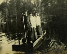 Three Young People Standing In Boat On Water B&W Photograph 2.5 x 4.5 picture