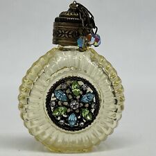 Vintage Czech Mini Perfume Bottle Golden Glass Metal & Rhinestones Empty T4 picture