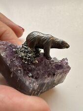 Vintage Pewter Bear Miniature Figurine on Amethyst Geode Cluster picture