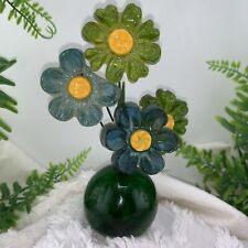 Vintage Resin Lucite Acrylic Daisy 4 Flower Sculpture Blue Green Hippy Boho picture