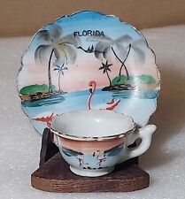 Miniature Souvenir Cup Saucer & Stand Florida Flamingos Hand Painted Nico Japan picture