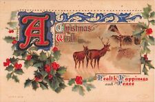 1909 Art Nouveau Christmas Postcard of Holly by Winter Scene With Deer-Serie 303 picture