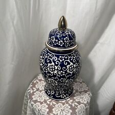 Temple Jar Large Ginger Jar 14” Blue White Gold Floral Textured  picture