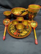 11 PIECES VINTAGE RUSSIAN KHOKHLOMA HAND PAINTED WOOD LAQUER (USSR) FOLK ART picture