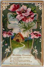 A Happy Birthday Greetings Card Landscape Home Flowers Postcard picture