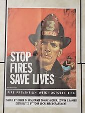 Rare Fire Prevention Poster NC Dept Insurance 1960's STOP FIRES SAVE LIVES 17x24 picture