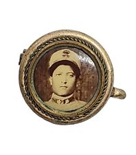 Antique Vtg Victorian Memorial Photo Brooch Pin Soldier Man 12k Gold Plated Mini picture