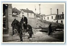 c1910 Man Wearing Black Fur Coat Riding Black Stallion Horse RPPC Photo Postcard picture