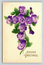 Floral Purple Flower Cross, Easter Greetings German Vintage Postcard picture