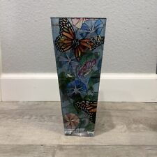 AMIA COLLECTORS STAINED GLASS VASE  FLORAL BUTTERFLY RAISED PATTERN HAND PAINTED picture