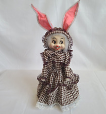 Vtg Easter Bunny Doll Handmade Lace Dress Plastic Face Kitschy Folk Art Standing picture