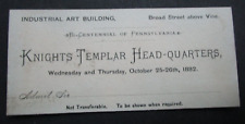 KNIGHTS TEMPLAR - Bi-Centennial of Pennsylvania - Ticket - 1882 picture